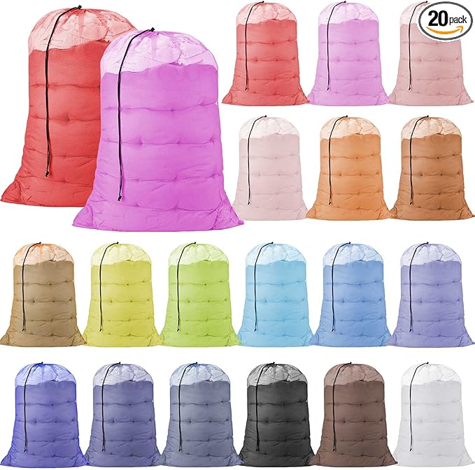 Nuenen 20 Pieces Mesh Laundry Bag, 24" x 36" Large Travel Laundry Bags with Drawstring Lock Closure Machine Washable Dirty Clothes Bags for Factories, College, Dorm and Apartment, Assorted Colors