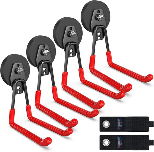 3-H Extra Strong Magnetic Hooks,Heavy Duty Large Anti-Slip Magnet Hooks U Shape,No-Drill Tool Holder for Garage,Power Drill,Garden Tools,Hose Storage,4 Pack Red