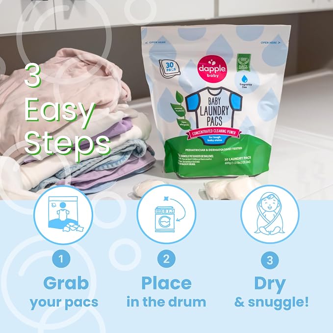 Dapple Baby Laundry Detergent Pacs - 30 Count - Fragrance-free Laundry Pods for Sensitive Skin - Plant-Powered Stain Remover - Newborn Essentials (Pack of 2)