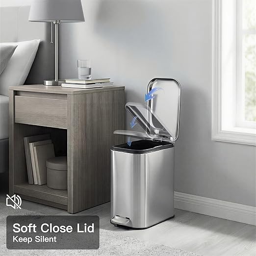 GarveeHome 1.3 Gal Slim Trash Can, Step Garbage Can with Soft-Close Lid, Stainless Steel Recycling Bin Waste Container with Removable Inner Bucket for Kitchen, Bathroom, Office, Silver
