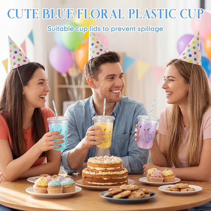 LemonRoad 50sets 16oz Blue Flower Cups Blue Birthday Party Decorations Supplies Cute Plastic Cups Disposable with Lids and Straws for Valentines Galentines Day Christmas Wedding Baby Shower