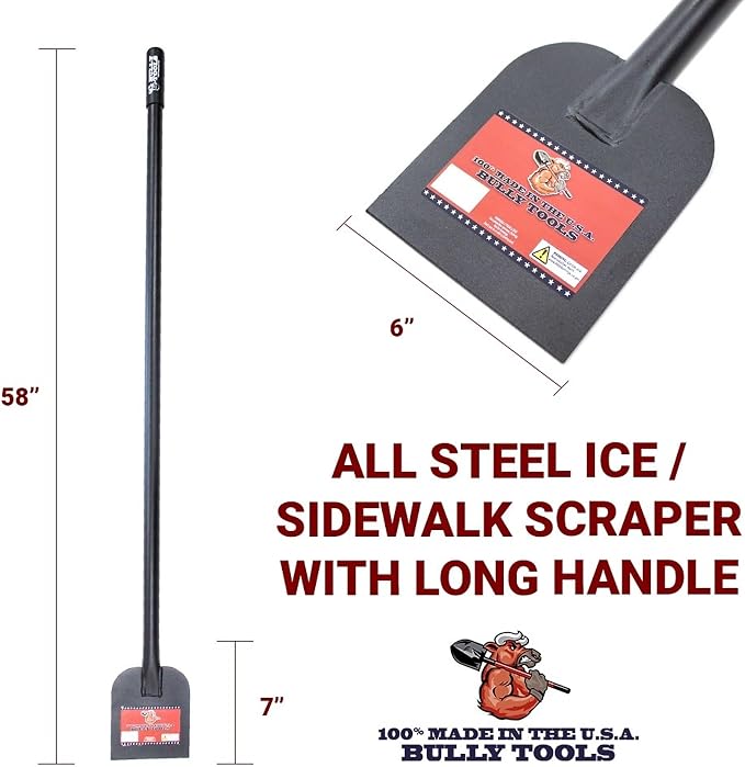 Bully Tools Heavy Duty Ice Scraper - 11-Gauge All Steel Sidewalk Chopper with Extra Long Handle for Thick Snow Removal - Floor Scraper Tool, Flat Head for Snow Clearing - 100% Made in the USA, 58-Inch