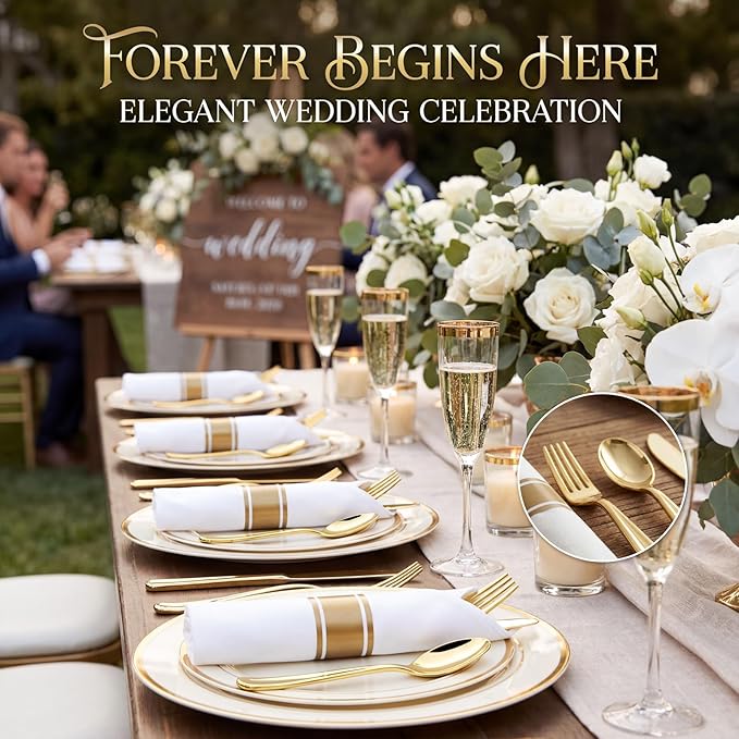 Liacere 100Pack Pre Rolled Gold Silverware and Napkin-Disposable Gold Plastic Utensils-Wrapped Plastic Cutlery Set with Napkin:100 Forks,100 Knives,100 Spoons,100 Napkins for Wedding & Party
