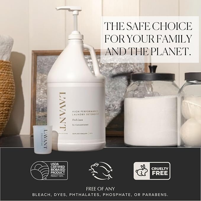 L'AVANT Collective Luxury Laundry Detergent | Bulk 1 Gallon | Fresh Linen | Natural Non-Toxic Liquid Laundry Soap with Enzymes | Plant-Based, 5x Concentrated, HE Compatible | 128 oz