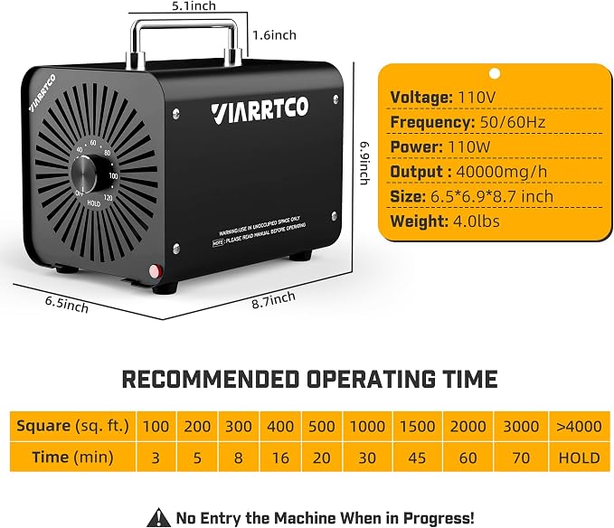Ozone Machine Generator 40,000mg/h 8000 Sq. Ft. Ozone Machine Odor Removal for Home and Car with 120min timer All Metallic Black
