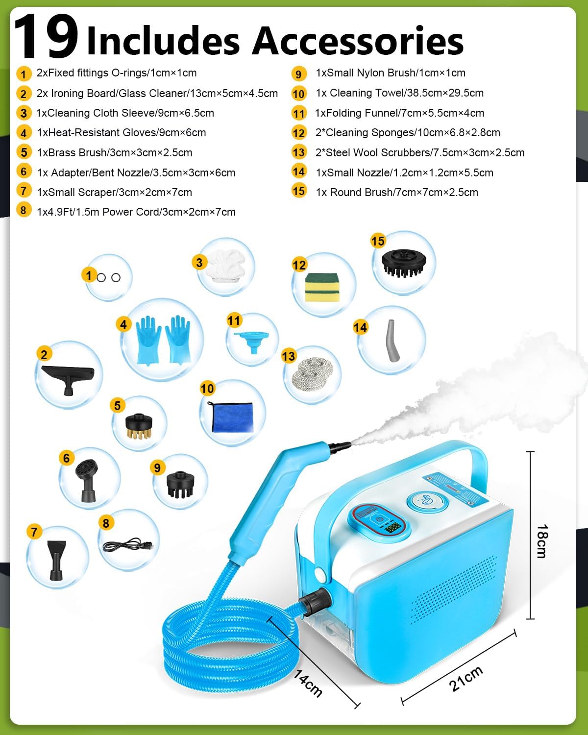 Handheld Steam Cleaner for Home, 10s Heat-Up/2.1 Qt Tank/4.5BAR High Pressure Hand held Steamer for Cleaning, 3 Level Pressurized Portable Steam Cleaner for Car Detailing, Bed Bugs, Blue,Tile, Grout