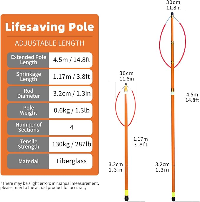 14.8ft Telescopic Pool Rescue Hook | OSHA Water Rescue Pole & Emergency Hook with Night Glow | Fiberglass Pool Safety Pole for Home/Water Parks