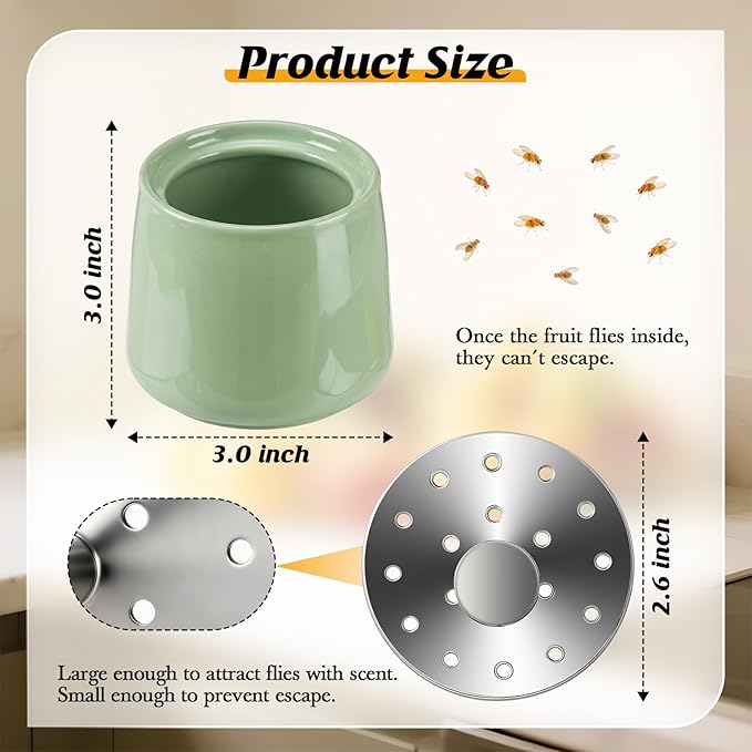 Ceramic Fruit Fly Trap for Indoors, Reusable Kitchen Fly Catcher with Stainless Steel Vent Lid, Uses Safe & Natural Vinegar Bait Trap, Dishwasher Safe, Easy to Use(Green,1 Pack)