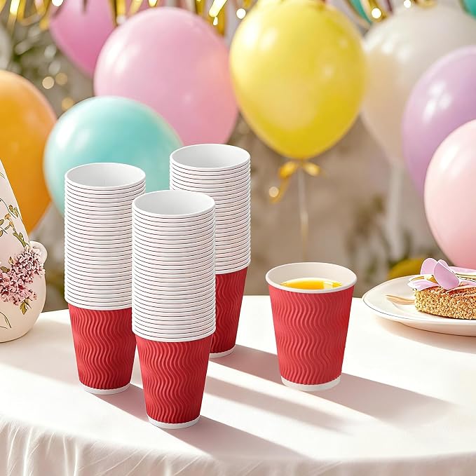 Disposable Wavy Insulated Cups, 12 Ounce, 98 Count, 20 Bonus Lids, for Hot or Cold Drinks, Assorted Colors