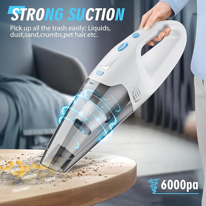 FUOAYOC Handheld Vacuum Cordless for Home/Car/Office, 6KPA Powerful Suction & 1.6lbs Lightweight, Mini Portable Hand Held Vacuum Cleaner with LED Light & Multi Accessories, Car Cordless Rechargeable