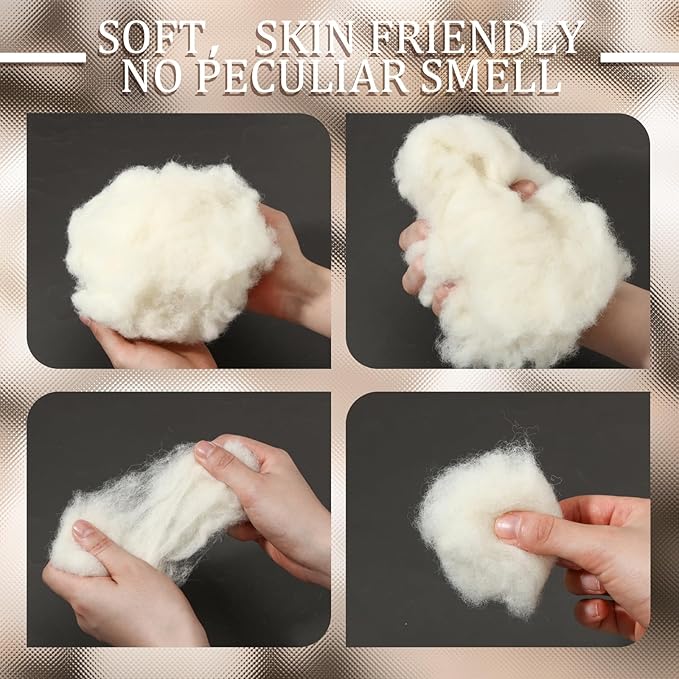 Newwiee Clean Wool Batting Stuffing for Stuffed Animals Roving Wool Felting Filler for Crafts Needle Cushions Pillow Knitted Stuffed Toys Animals Blending and Dryer Balls, Natural White(4.4 lb)