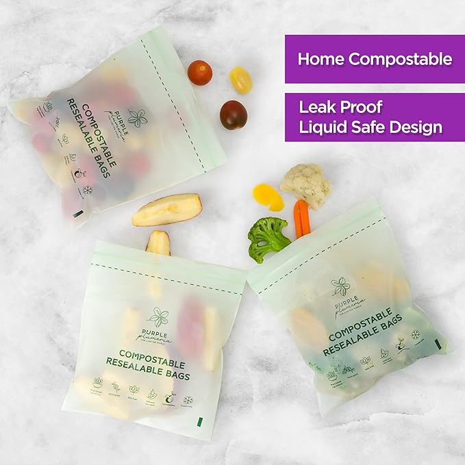100% Compostable Resealable Food Storage Bags (50 Eco Zip), Biobased, Leak-Proof and Freezer-Safe, Extra Strong & Durable, (Quart Size) | Biobased, Leak-Proof, Durable, Freezer-Safe, Extra Strong