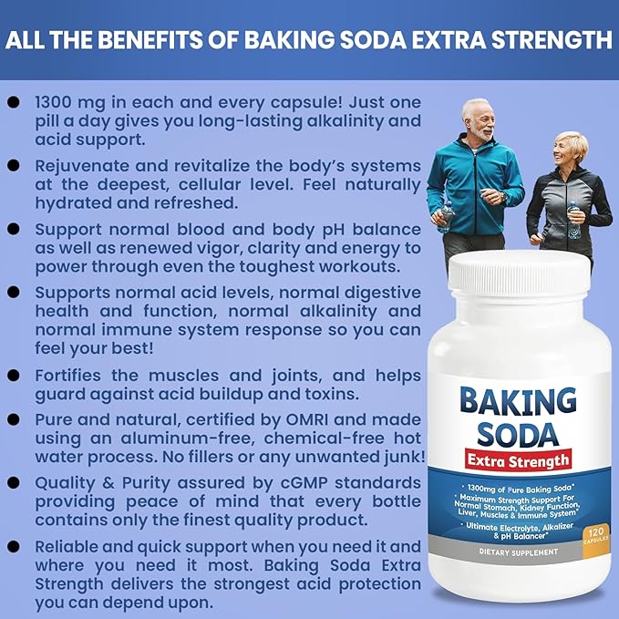 Baking Soda Aluminum Free 1300mg Per Pill Extra Strength Organic Use Pure Baking Soda Capsules for Health & Wellness. Baking Soda Tablets 120 Pills