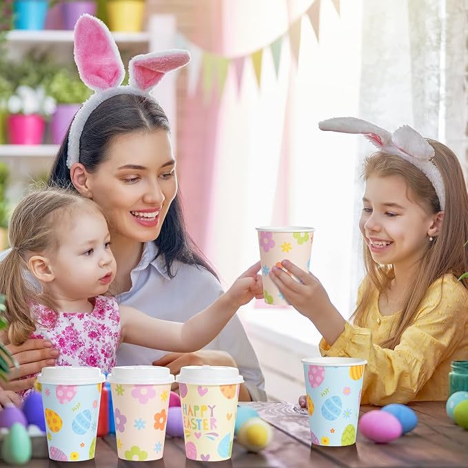 Pascliyna 100 Set Easter Disposable Coffee Cups with Lids, Bulk 12oz Colorful Eggs Paper Cups, Happy Easter Coffee Cups for Hot Chocolate Cold Drinks Spring Holiday Party Supplies Decorations