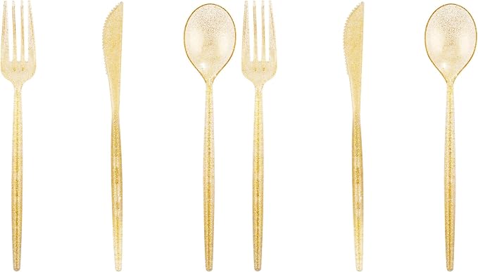 Supernal 180pcs Gold Plastic Silverware Durable Plastic Silverware Gold Glitter Color Party Cutlery Disposable Flatware Heavy Duty Include 60 Forks,60 Knvies,60 Spoons for Wedding,Birthday (Pack of 2)