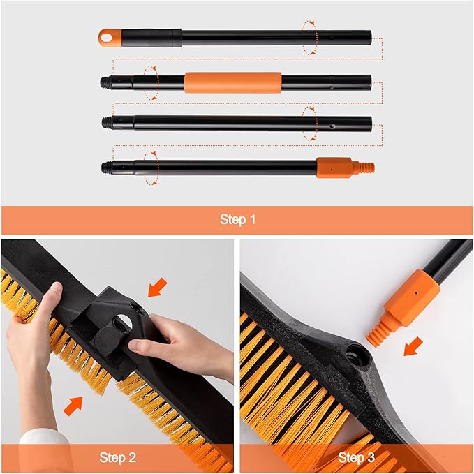 CLEANHOME 24”Push Broom Brush for Floor Cleaning with 65” Long Handle and Stiff Bristles, Heavy Duty Brush for Shop, Deck, Garage, Concrete,Indoor and Outdoor Broom 2 Set,Orange