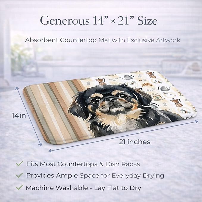 Caroline's Treasures Black and Tan Pekingese Coffee Bar Dish Drying Mat Absorbent Dish Drying Mat Pad for Kitchen Counter Dish Drainer Mat for Countertop, 14 x 21", Multicolor