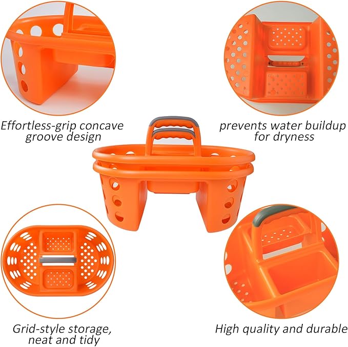 SIMPLYKLEEN Large Shower Caddy Portable 2PC - Made in USA Plastic Jumbo Size Dorm Storage Candy Tote with Handle Shower Organizer for Bathroom, Pantry, Kitchen, College Dorm, Orange