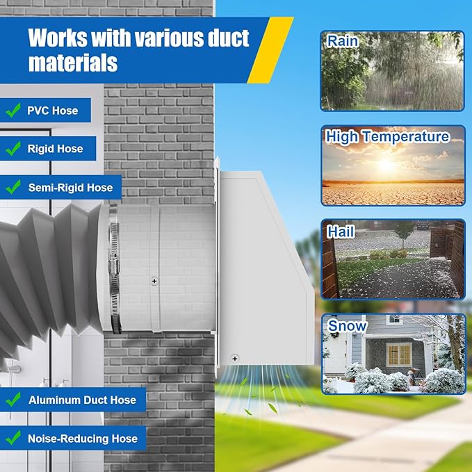 4 Inch Dryer Vent Cover Outside Hooded Wall Vent with Screen and Damper,Galvanized Steel Wall Mount Extractor Vent Cap Exhaust Vent for Bathroom/Laundry/Kitchen/Dryer Duct AC Air Ventilation, White