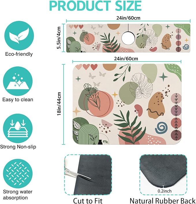 Dish Drying Mat for Kitchen Counter Matt, 2PCS 24"x18" Dish Drainer Mat & 24"x5.5" Sink Splash Guard, Super Absorbent Non-slip Rubber Backed