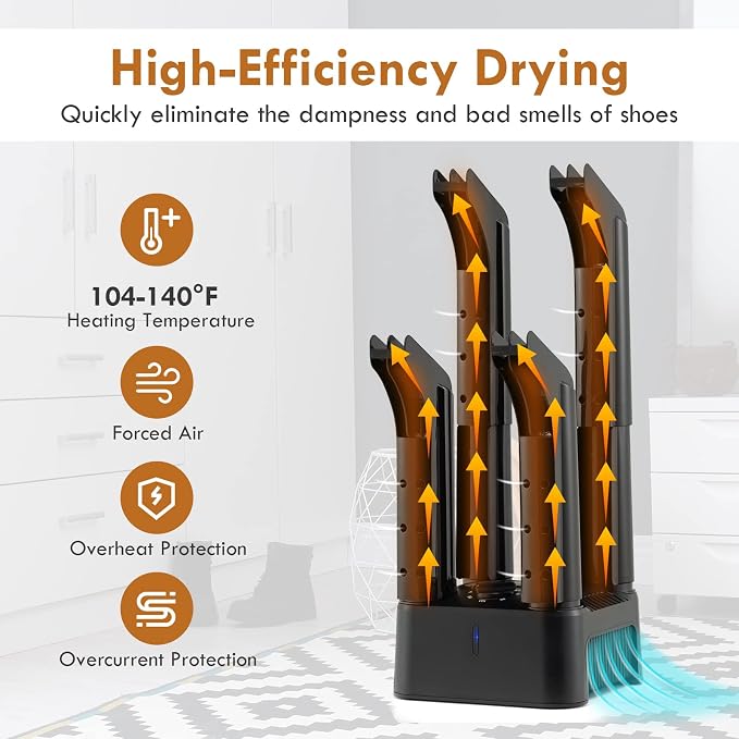 S AFSTAR Electric Shoe Dryer, 4 Tube Shoe Boot Dryer w/Heat Blower, 180 Mins Timer, Overheat & Over-Current Protection, Quite Operation, 200W Quick-Drying Boot Warmer for Boots Shoes Gloves (Black)