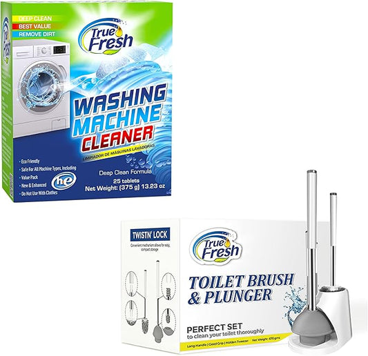 True Fresh 25-Pack Washing Machine Cleaner Tablets (12-Month Supply) & 2-in-1 Toilet Brush & Plunger Set - Ultimate Deep Cleaning for a Fresh, Sparkling Home