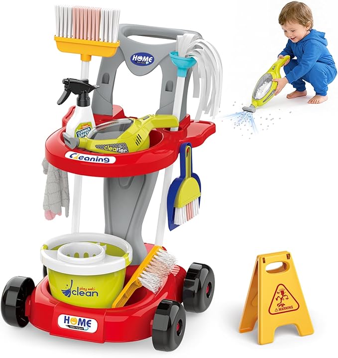 Toddler Cleaning Toy Set, Kids Cleaning Set - Pretend Play Educational Kit with 2-in-1 Toy Vacuum, Mobile Cleaning Cart, Broom & Dustpan, Home Cleaning Toys for Boys Girls(Red)