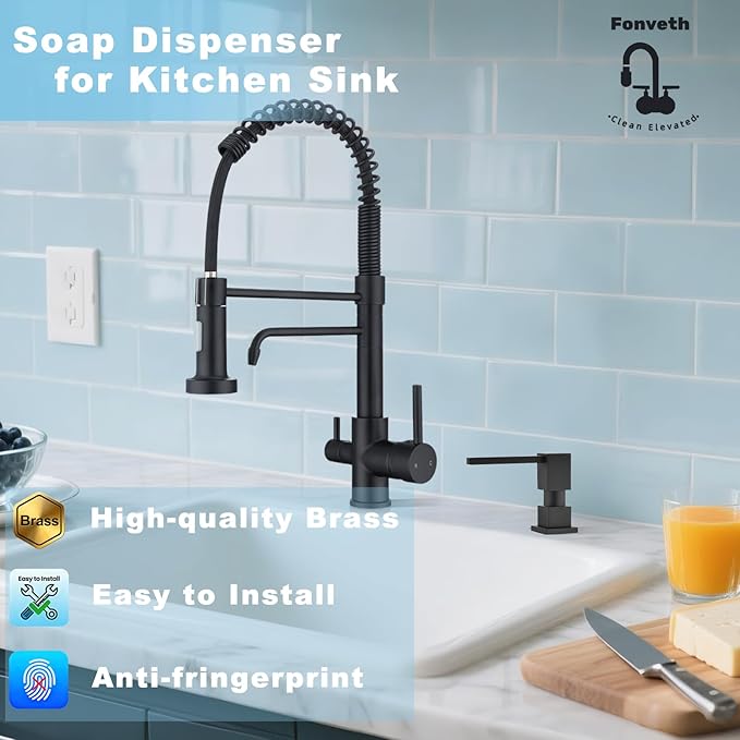 Soap Dispenser Square Built in Sinkwith 47'' Long Tube, Matte Black Brass Pump Head for Kitchen Sink with 17 oz Bottle