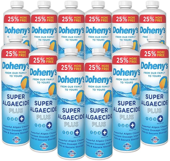 Doheny's Super Algaecide Plus | Pro-Grade | Effective Against Most Algae Types | 7.1% Chelated Copper (Reduces Staining) | Non-Foaming, No Clouding | Safe to Swim After Use | 12 x 40oz Bottles (480oz)