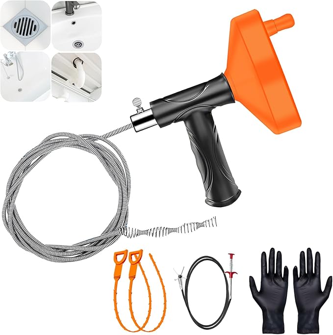 33 Feet Drain Snake Auger, Plumbing Snake Drain Hair Clog Removal Tool, Heavy Duty Snake Auger, Sink Unclogger Drain Cleaner Tool for Bathroom Kitchen Tub Shower Drain Clog Remover with Gloves