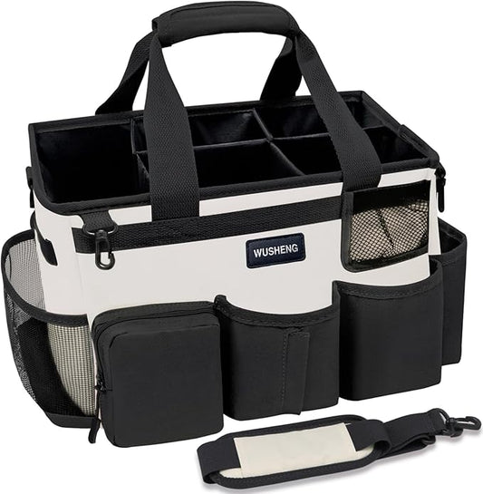 Wearable Cleaning Caddy Bag,Cleaning Supply Tote for Cleaning Supplies, Cleaning Organizer with Adjustable Shoulder and Waist Straps for Cleaners Housekeepers (Black-White, Large)