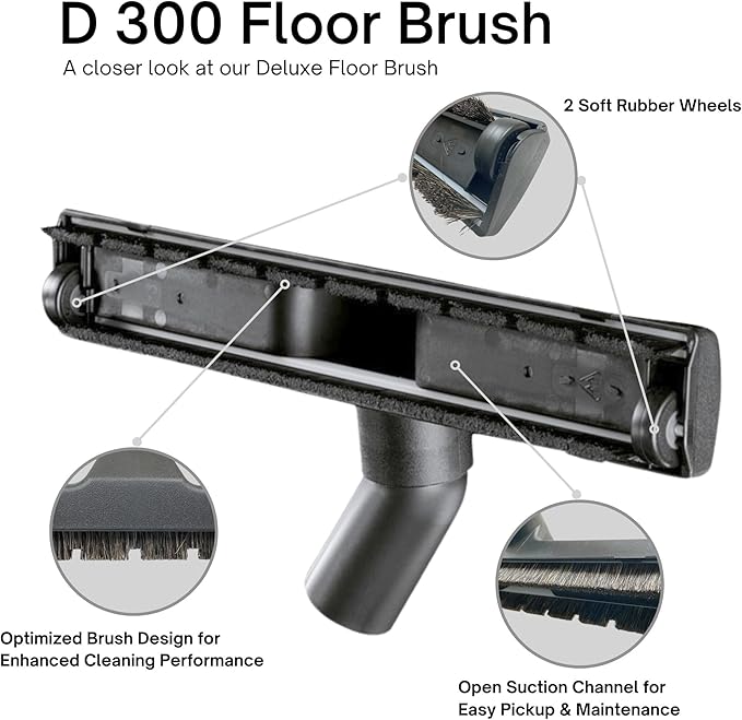 Wessel-Werk Deluxe Vacuum Floor Brush, Multi-Surface Vacuum Brush Attachment with 360° Swivel Neck, Soft Rubber Wheels, and Horse Hair Bristles Brush Nozzle (D 320-13 inch Brush, 1-1/4" (32mm) Neck)