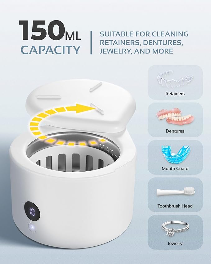 45khz Ultrasonic Retainer Cleaner Machine, Dental Cleaning Pod with 4 Modes & Digital Timer, Mouthguard Cleaner for Dentures, Aligners, Mouth Guards, Night Guards, Jewelry