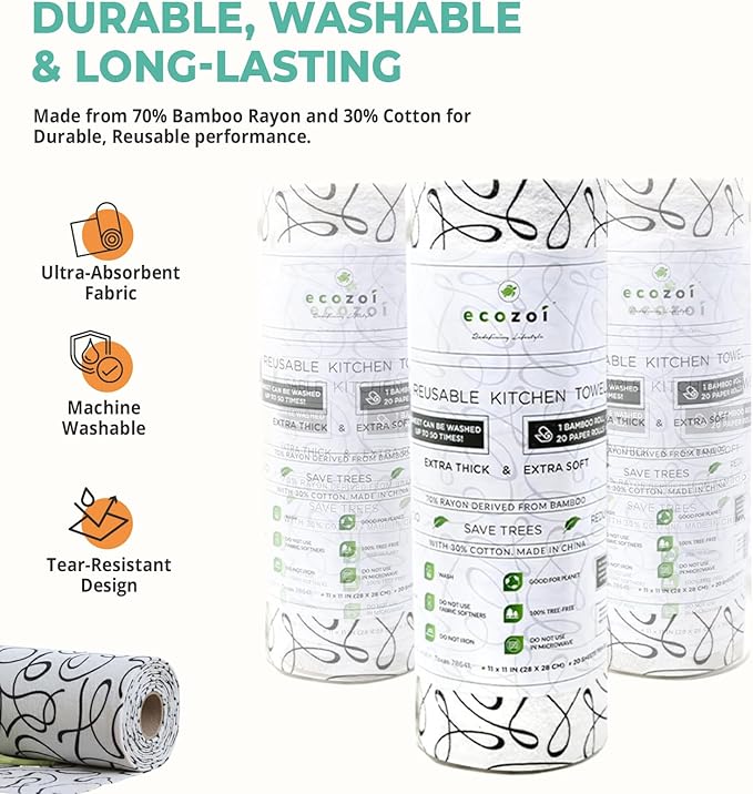 Ecozoi Bamboo Rayon Reusable Towels - 4 Pack | Equivalent to 80 Regular Rolls | 70% Rayon from Bamboo and 30% Cotton Kitchen Paper Rolls | 50 Times More Usage than Regular Paper Rolls