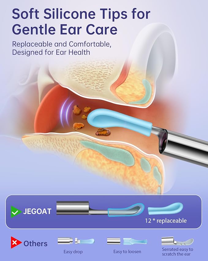 Jegoat Ear Wax Removal, Ear Wax Removal Tool Camera with 1296P HD Camera and 6 LED Lights, Ear Cleaner with 10 Ear Pick, Upgraded Ear Wax Removal Kit for iOS and Android, Purple