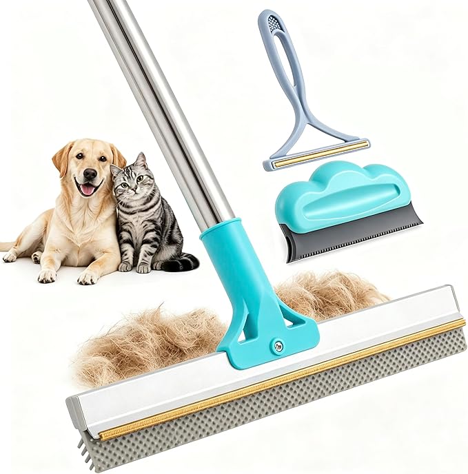 Carpet Rake for Pet Hair Removal Tool, Cat & Dog Pet Hair Remover Broom with 54” Adjustable Long Handle, Reusable Carpet Brush Rake for Rugs, Mats, Couch, Furniture