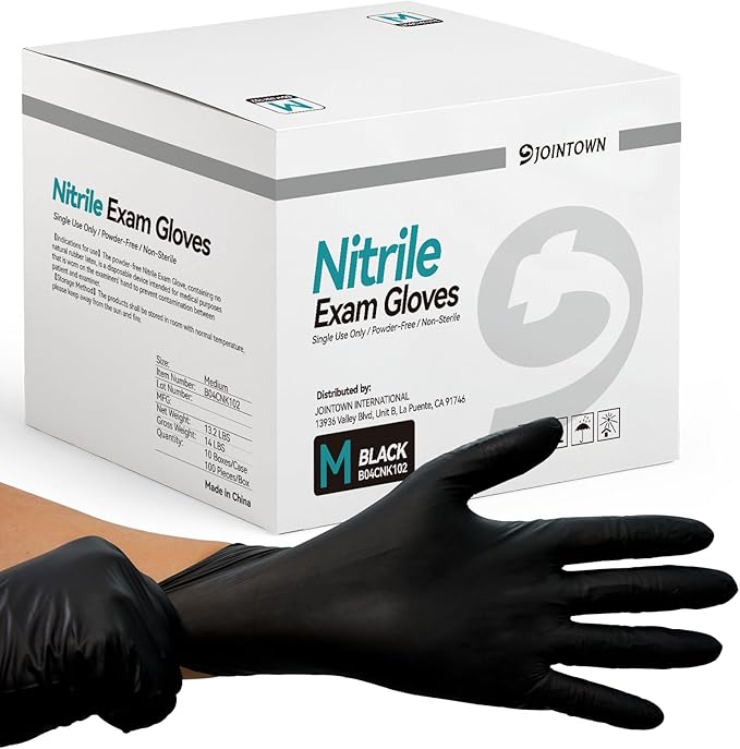 Jointown 5.5 Mil Nitrile Exam Gloves, Medical Black Gloves Disposable Latex Free Medium Powder-Free For Exam, Mechanic
