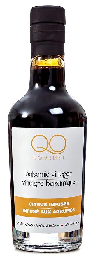 QO Gourmet Thick Flavored Aged Dense Balsamic Vinegar | High Density CITRUS Infused Italian Vinegar | 250ml/8.45 fl.oz.| All Natural | Produced & Bottled in Modena, Italy