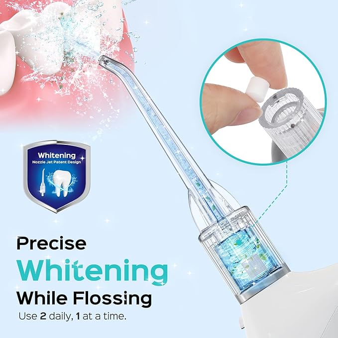 COSLUS Water Flosser Pick with Whitening Mint Flavor Refill Combo for Teeth, Braces, Gums Care - Easy to Use, Portable for Travel & Coffee Lovers, Rechargeable, BPA-Free, White