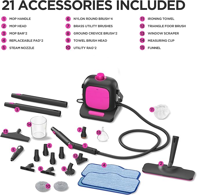 All-in-1 Steam Cleaner with 25 PSI High-Pressure Boiler, 21-Piece Accessory Kit, Portable Handheld & Floor Steamer for Tiles, Grout, Furniture and Car, Chemical-Free Deep Cleaning,3 Colors Selection