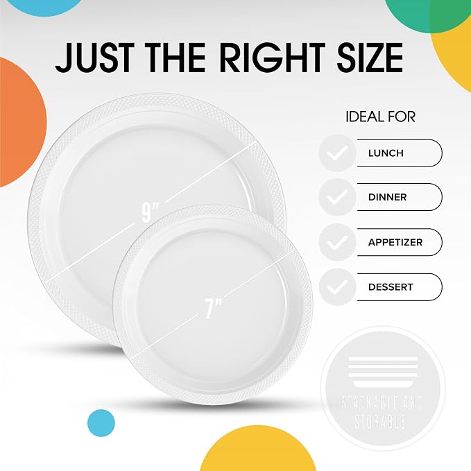 Exquisite Party Solids White Plates Disposable White Plastic Plates 100 Pieces - 50-7" & 50-9" Heavy Duty 350 GSM Disposable Dinnerware Sets, Plastic Dinnerware Sets