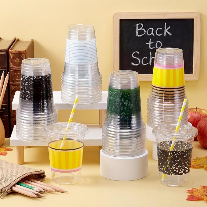 Vesici 50 Pcs Back to School Disposable Cups Bulk 16 oz Composition Notebook Pencil Plastic Drinking Cups with Lids and Straws for First Day of School Classroom Party Supplies