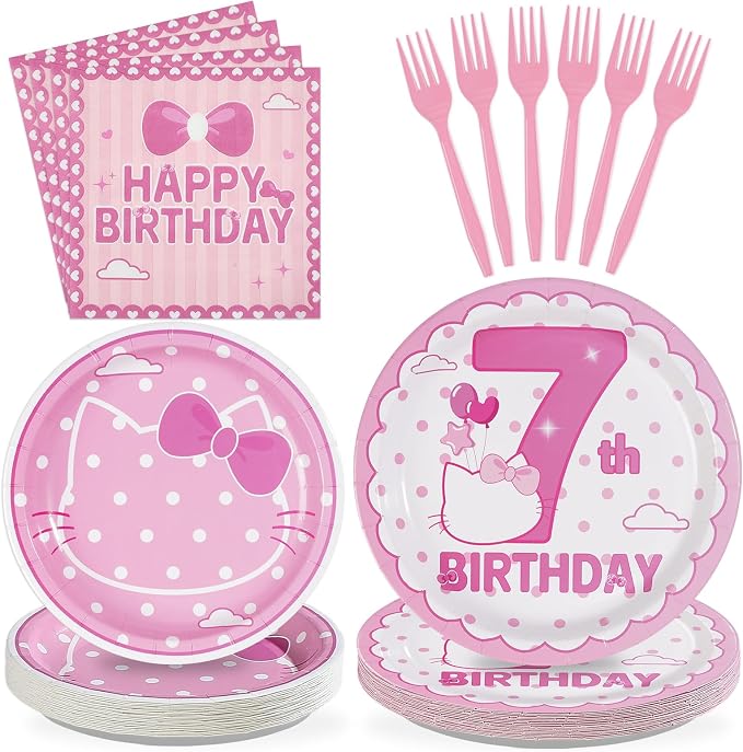 96Pcs Pink Kitten 7th Birthday Party Decorations Pink Cat Dot Plates and Napkins Tableware Set Cartoon Cat Theme 7th Birthday Decorations for Seven Years Old Girls Party Supplies Serves 24