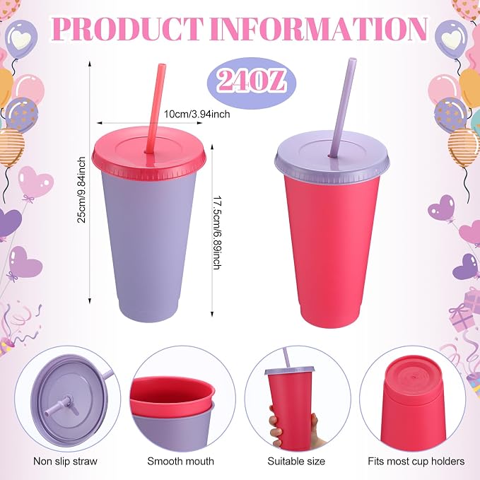 Honeydak 30 Pack Tumbler with Straw and Lid Bulk Cups for Gifts Water Bottle Iced Coffee Travel Mug Cup Reusable Plastic Tumblers for Party Birthdays 24-27 oz (Pink and Purple Color)