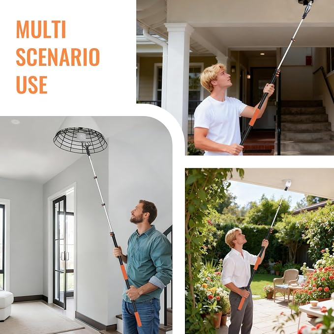 PMMJ Light Bulb Changer for High Ceilings with 26FT Reach, Telescopic Extension Pole for High Ceilings and Recessed Lights (5-20FT) with Baskets, Suction Cup and Duster