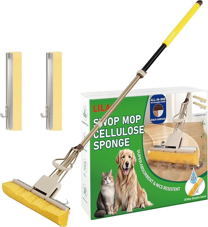 LILAC Cellulose Sponge Mop with 2 Replacement Heads, 4-Color Handle Choices for Zoned Cleaning, Super Absorbent Pop Up Roller Mop for Hardwood,Laminate Floors, Heavy Duty Floor Scrubber (Yellow)