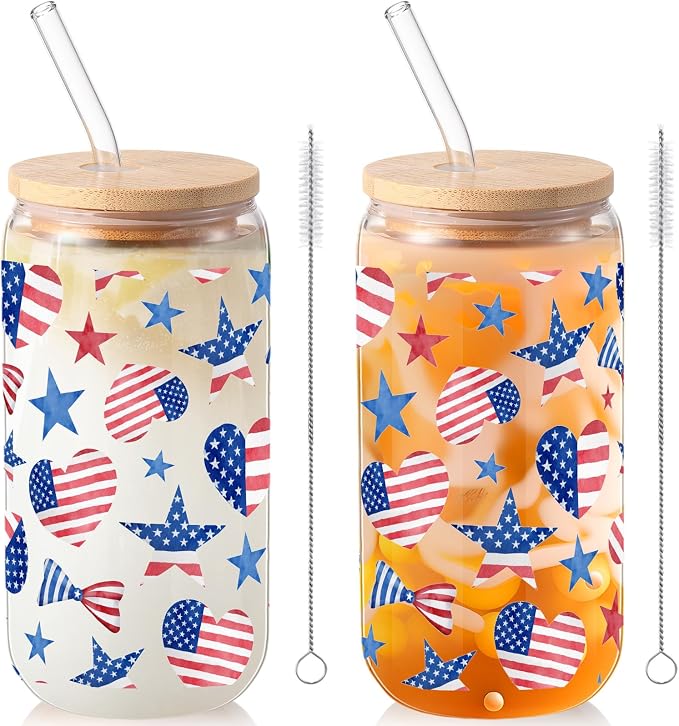 Sliner 2 Pcs Patriotic Glass Cups 4th of July Gifts Tumbler with Lid Straw American Flag Star Iced Coffee Cup 16 oz Red White Blue Drinking Glasses for Women