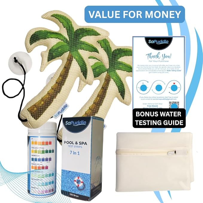 Premium Pack of 2 Hot Tub Scum Absorber for Swimming Pools with 150 Water Test Strips - Pool Scum Absorber for Spa Hot Tubs - Washable Scum and Oil Absorbing Sponges for Pools Sponge Oil Absorber