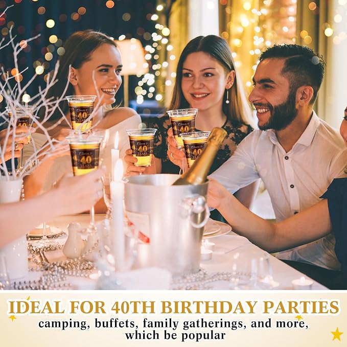 Funnymoom 100 Pack 40th Birthday Cup 12 oz Cheers to 40 Years Happy Birthday Disposable Clear Plastic Cups for Him Men Women Wedding Anniversary Decorations Party Favors