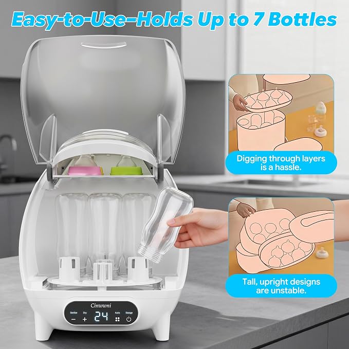 Bottle Sterilizer and Dryer, 4 in 1 Compact Steam Baby Bottle Sterilizer for Baby Bottles, Pacifiers, and Pump Parts & Newborn, Large Capacity 7 Bottles, Time-Saving Design